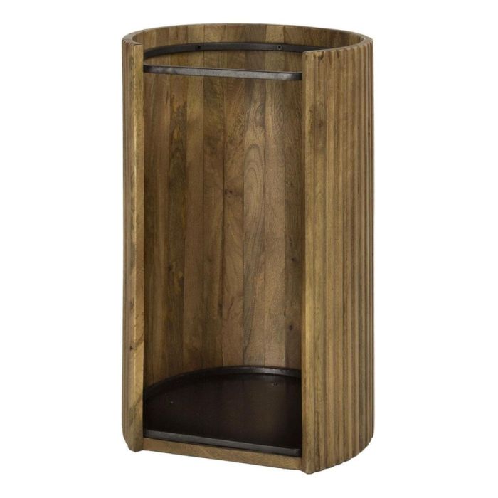 Paraplubak Wave van massief mangohout in zandkleur, ronde open bak met geribbelde zijkant, metalen binnenring en zwarte lekbak op witte achtergrond.