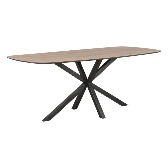 Pronto Wonen eettafel Tesino Deens ovaal 200x100 cm met HPL blad in houtlook en zwart metalen spinpoot-onderstel, vrijstaand op witte achtergrond.