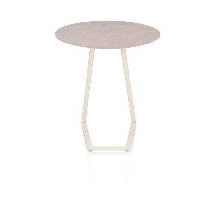 Laptoptafel Salutina in crème met licht sandkleurig HPL-blad en metalen onderstel in een open, moderne vorm.