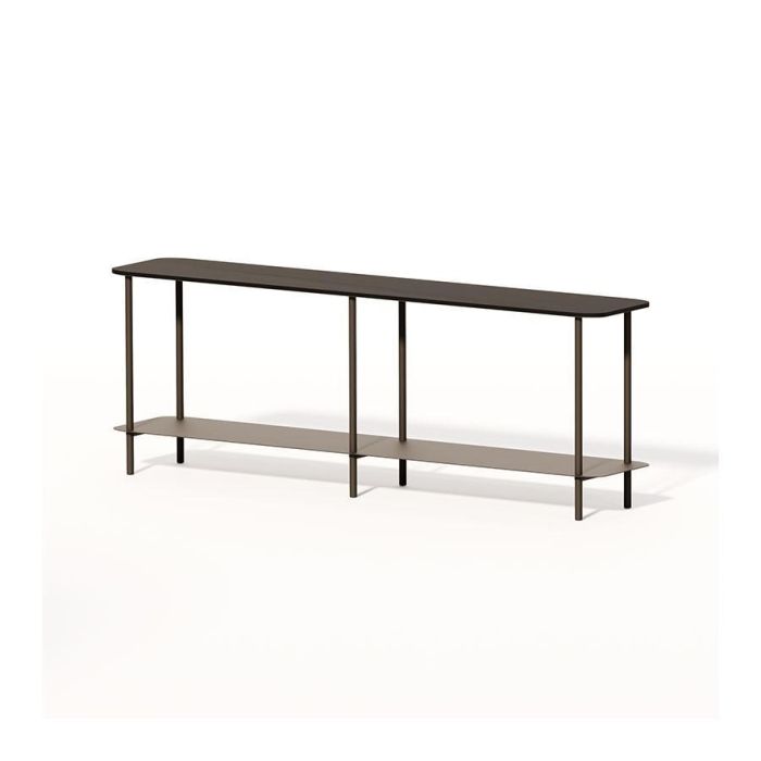 Consoletafel Allesandro met donker tafelblad, slank metalen frame en praktisch onderblad voor hal of woonkamer.
