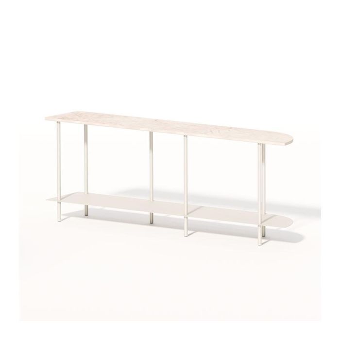 Moderne consoletafel Eduardo met licht houten blad, wit metalen frame en praktisch onderblad voor hal of woonkamer.