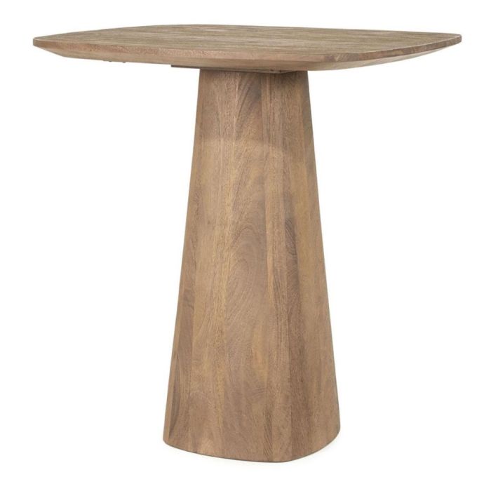 Eleonora countertafel Aron lichtbruin, hoge houten tafel met afgerond blad en taps toelopende kolompoot op witte achtergrond.
