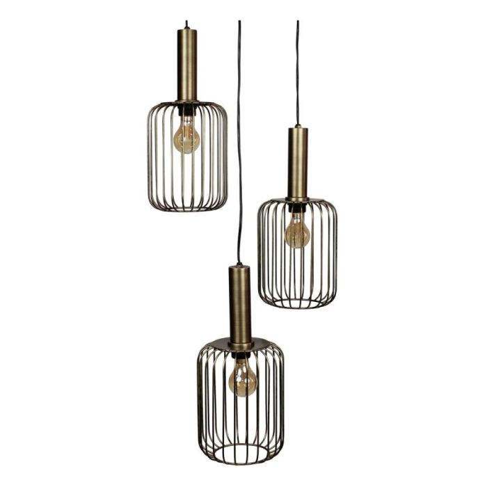 Bincerro hanglamp in bronskleurig metaal met drie open cilindervormige frames onder elkaar en zichtbare lichtbronnen, vooraanzicht.