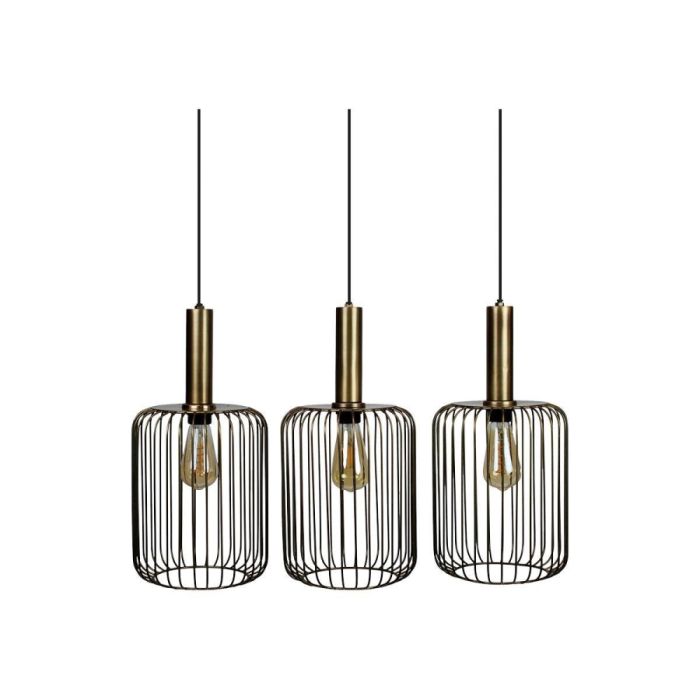 Bincerro hanglamp van bronskleurig metaal met drie open frames en drie lichtpunten naast elkaar, vooraanzicht.
