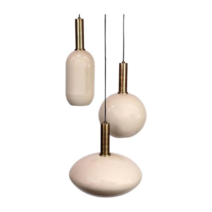 Bincerro hanglamp in taupekleurig metaal met drie hangende lichtpunten in verschillende vormen, uitgevoerd in een stijlvol cluster.