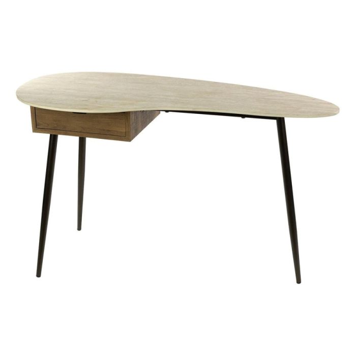 Kaptafel Travino met organisch keramiek travertin blad, houten lade links en drie slanke zwarte poten op witte achtergrond.