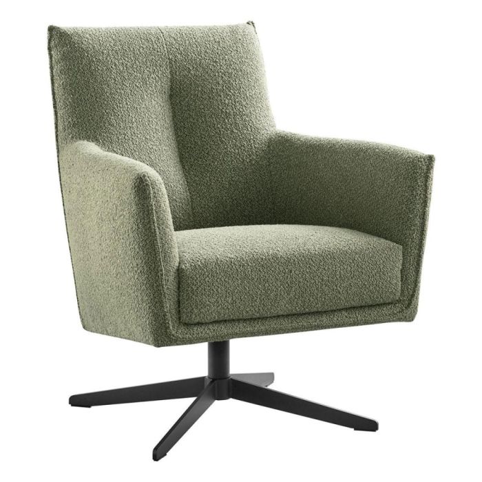 Groene Pronto Wonen draaifauteuil Dono met zachte stof en zwarte metalen 4-teens draaipoot, schuin van voren gefotografeerd.