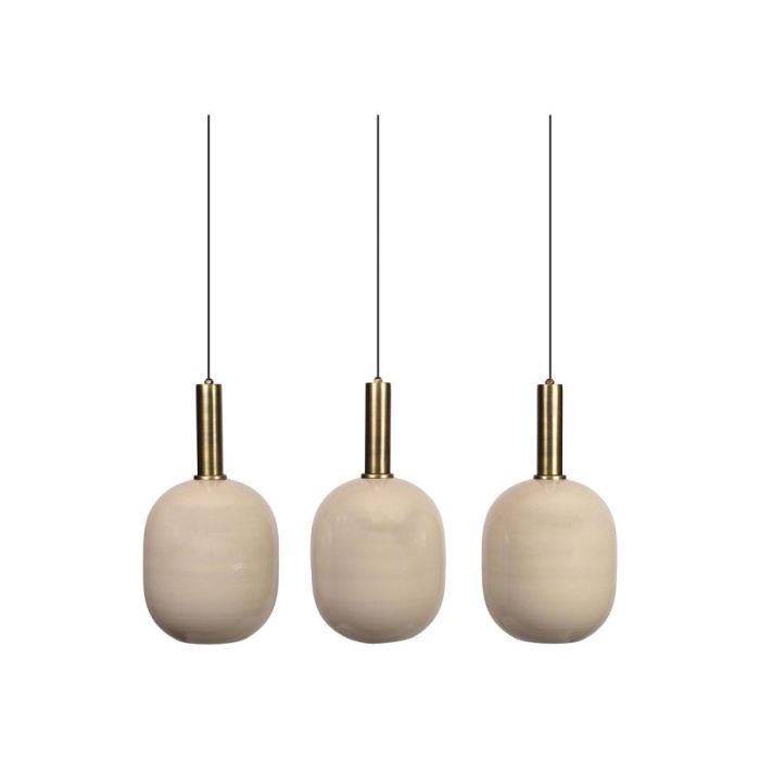 Bincerro hanglamp in matte taupekleur met drie identieke lichtpunten naast elkaar, uitgevoerd in stevig metaal met elegante messingaccenten.