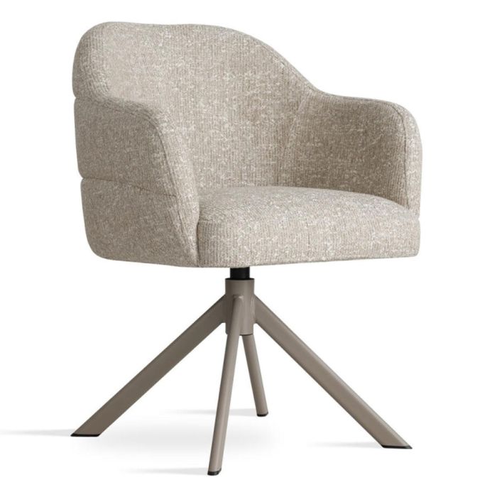 Draaibare armstoel in beige stof met afgeronde rug en taupekleurig metalen onderstel zijaanzicht