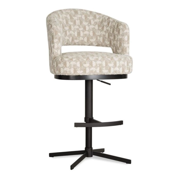 Barstoel Haga met beige patroonstof, zwarte metalen stervoet en gaslift, schuin van voren weergegeven