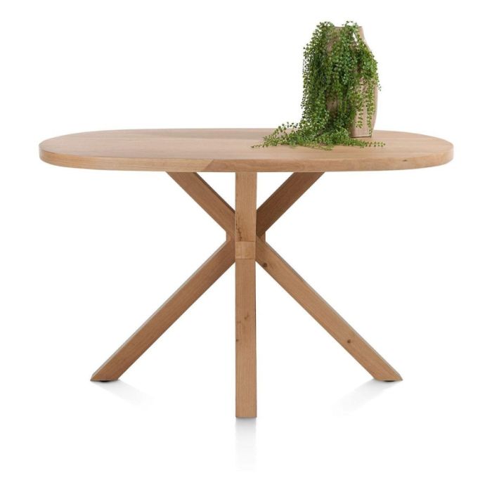 Bartafel Nyborg in ovale vorm, uitgevoerd in eikenfineer, met centrale houten poot en groene plant op het blad.