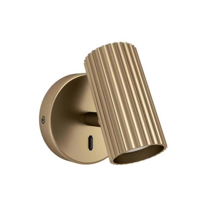 Portillo wandlamp Portillo in mat messing met cilindervormige geribde kap, frontaal weergegeven aan de muur.