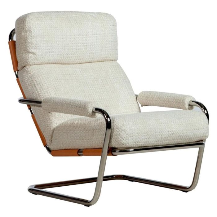 Gelderland fauteuil 601 Mr. Oberman in lichte stoffering met chromen buisframe, schuin vooraanzicht.