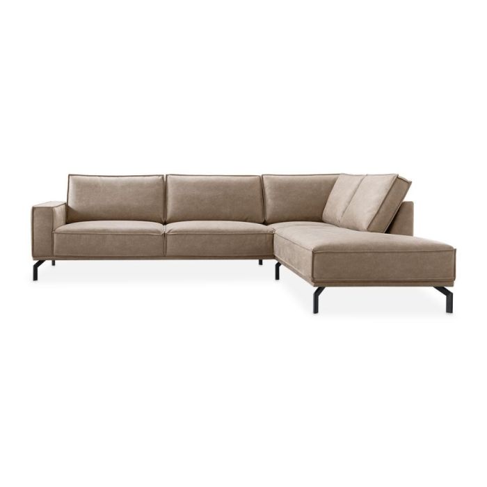 Hoekbank Alburg in bruin-grijs microleder met strakke kubistische vorm en zwart metalen poten, zijaanzicht met chaise longue rechts