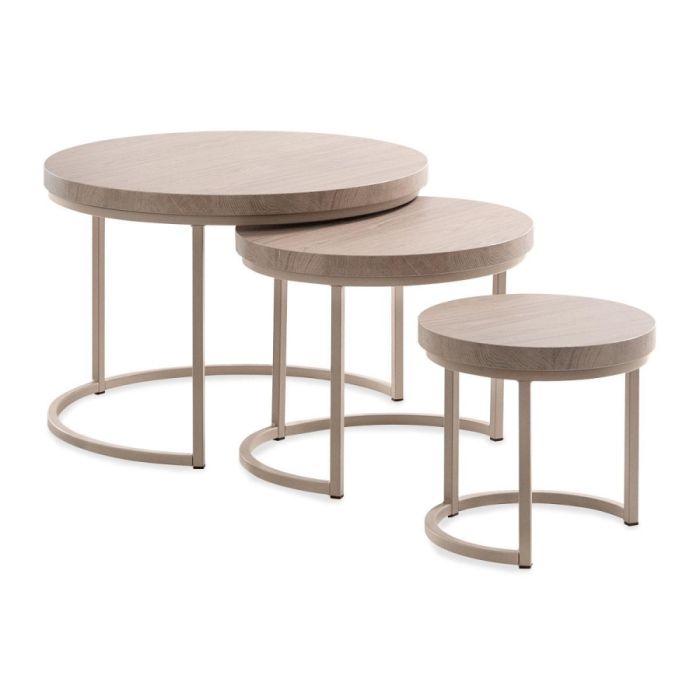 Set van drie ronde bijzettafels in verschillende hoogtes met Grey Oak blad en metalen frame in Stone Grey