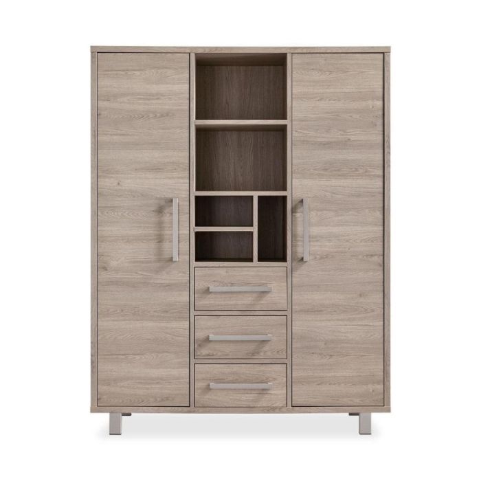 Opbergkast Gradoly in grey oak met open vakken, drie lades en twee deuren op lichtgrijze metalen poten