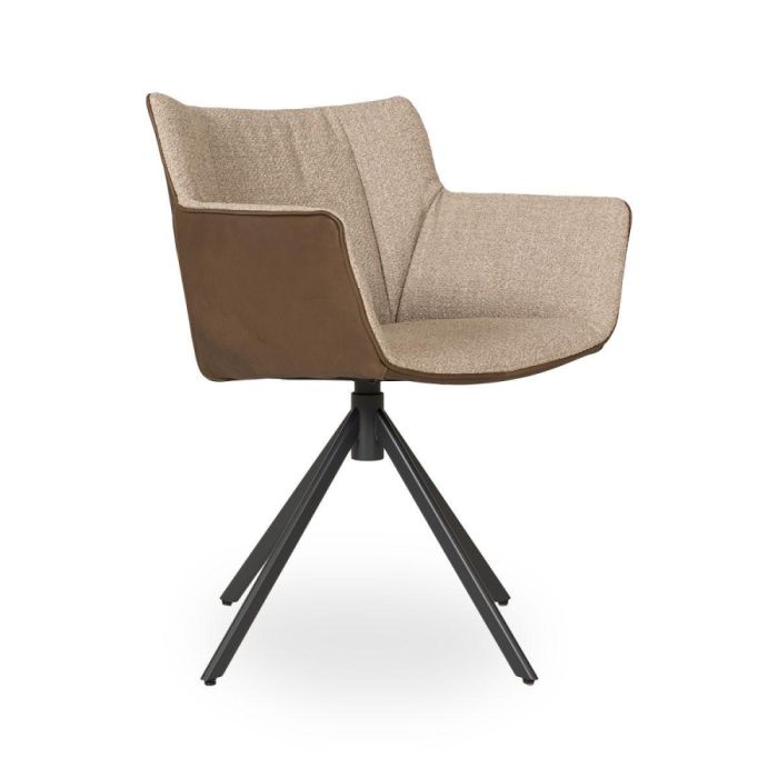 Gustav Junior eetkamerstoel van Label van den Berg met stof Rhythm Liver, lederen achterkant Bald Sprang Olive en zwartgrijs draaionderstel zijaanzicht