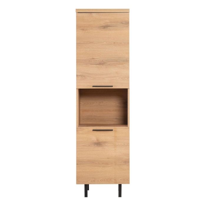 Hoge Paranno opbergkast in naturel houtlook met zwart metalen onderstel en open vak in het midden.