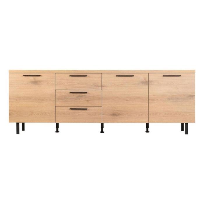 Dressoir Paranno 220 cm in bruine houtlook met drie deuren, drie laden en zwart metalen onderstel, gefotografeerd van voren.
