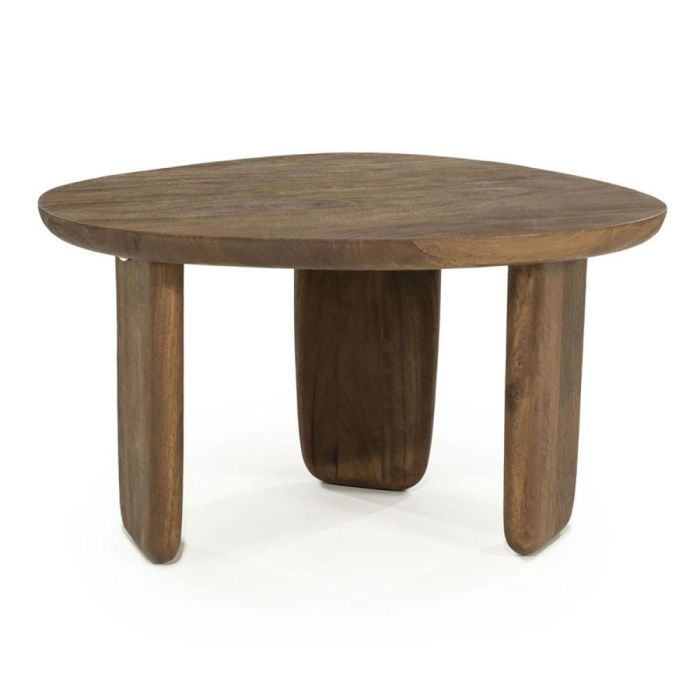 Eleonora salontafel Maud small lichtbruin mangohout met rond blad en drie brede poten op witte achtergrond