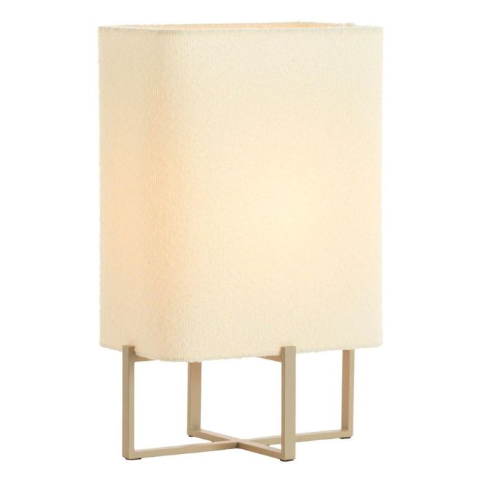 Tafellamp Focate taupe met hoge ecru stoffen kap en open metalen frame, gefotografeerd van voren met warm licht door de kap.