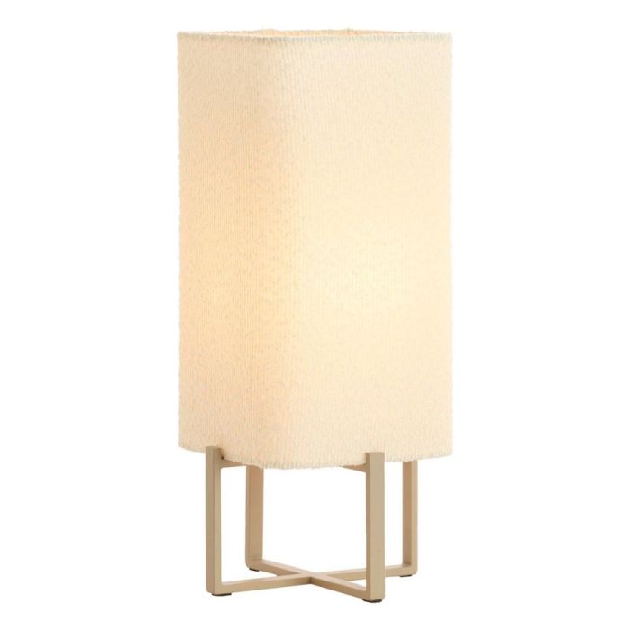 Vierkante lage tafellamp Focate in ecru met taupekleurig metalen frame, frontaal gefotografeerd.