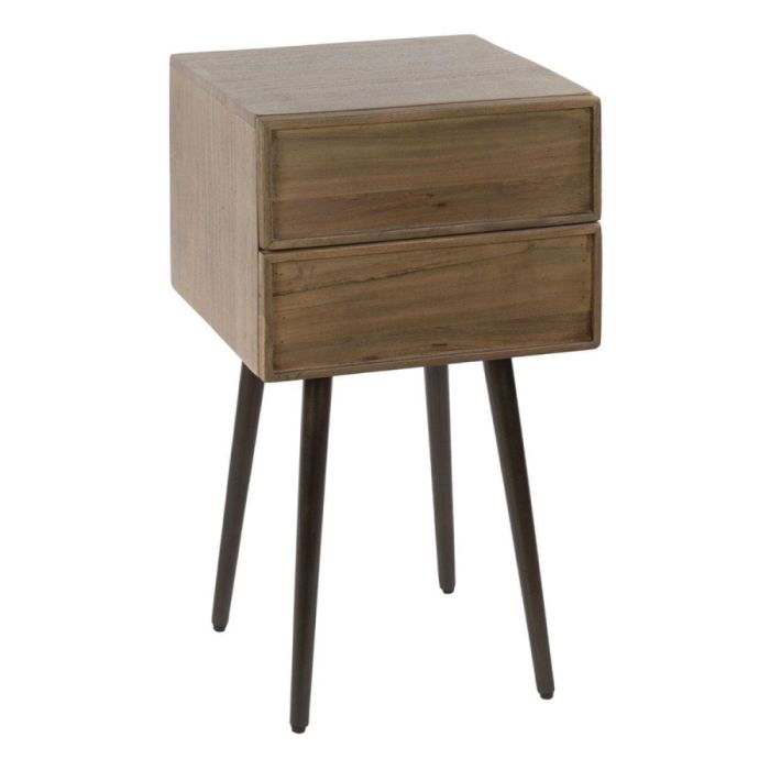 Nachtkastje Frame van massief acaciahout met twee gesloten lades en slanke donkere poten op een witte achtergrond.