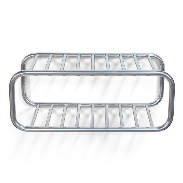 bovenaanzicht van het wand schoenenrek in glanzend chroom met twee niveaus en afgeronde hoeken.