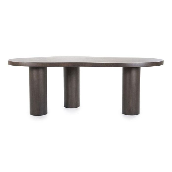 Bruine eettafel Bobbie van walnootfineer met organisch blad en drie ronde cilinderpoten op witte achtergrond.