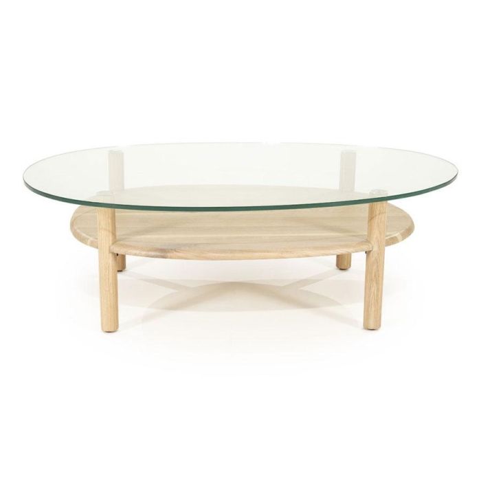 Ronde salontafel Cleo naturel met glazen blad en houten onderplank, frontaanzicht op witte achtergrond.