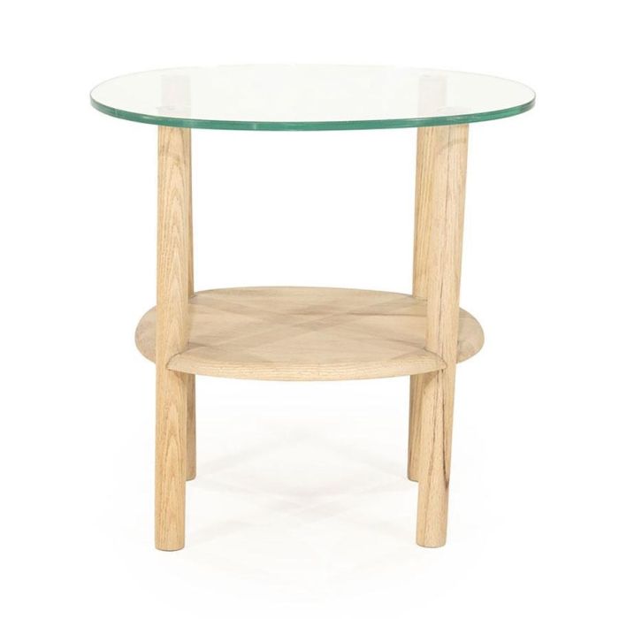 Ronde bijzettafel met glazen blad en houten onderplank, Eleonora Cleo naturel.