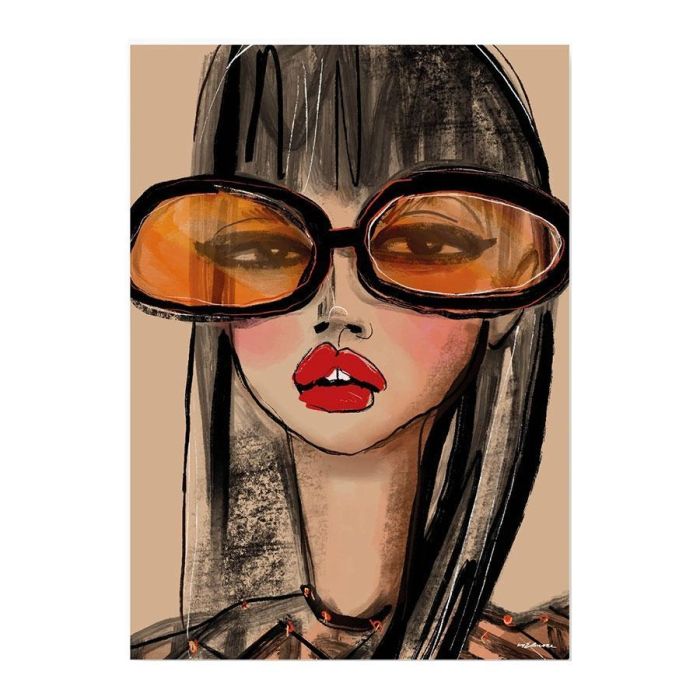 Moderne art print van vrouw met oversized oranje zonnebril en rode lippen.