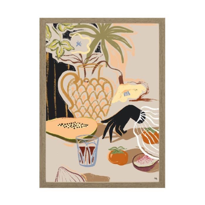 Urban Cotton Art Print Fruitful Spread met illustratie van vaas, tropische bladeren en fruit zoals papaya en vijg