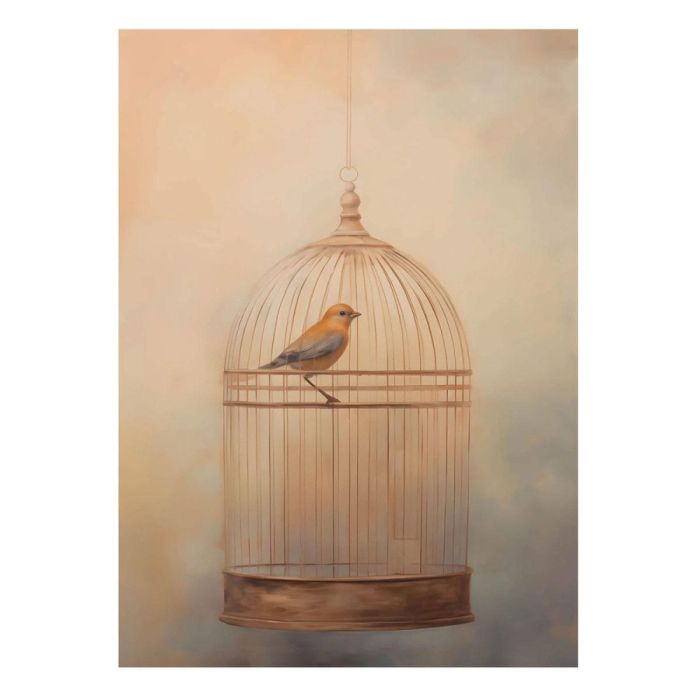 Urban Cotton Art Print Bird Cage met kleine vogel in een fijne metalen kooi tegen een zachte beige achtergrond