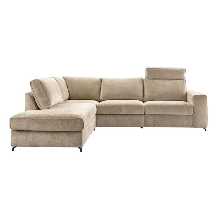 Taupe bouclé hoekbank Licato links, vooraanzicht met royale zitting en zwarte metalen poten.