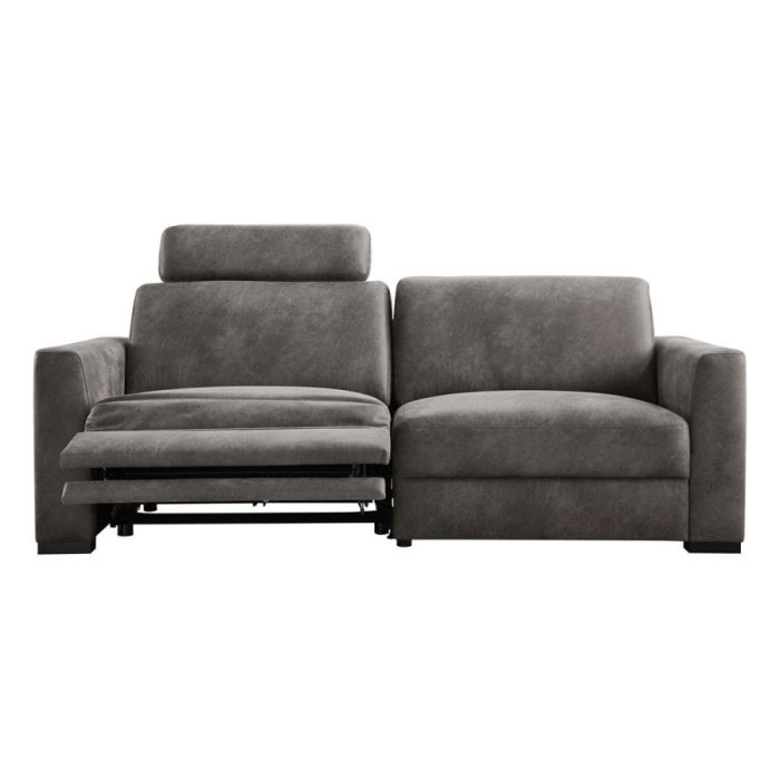 Donkergrijze Muscolo 3-zitsbank met één relaxdeel, recht van voren gefotografeerd tegen een witte achtergrond.