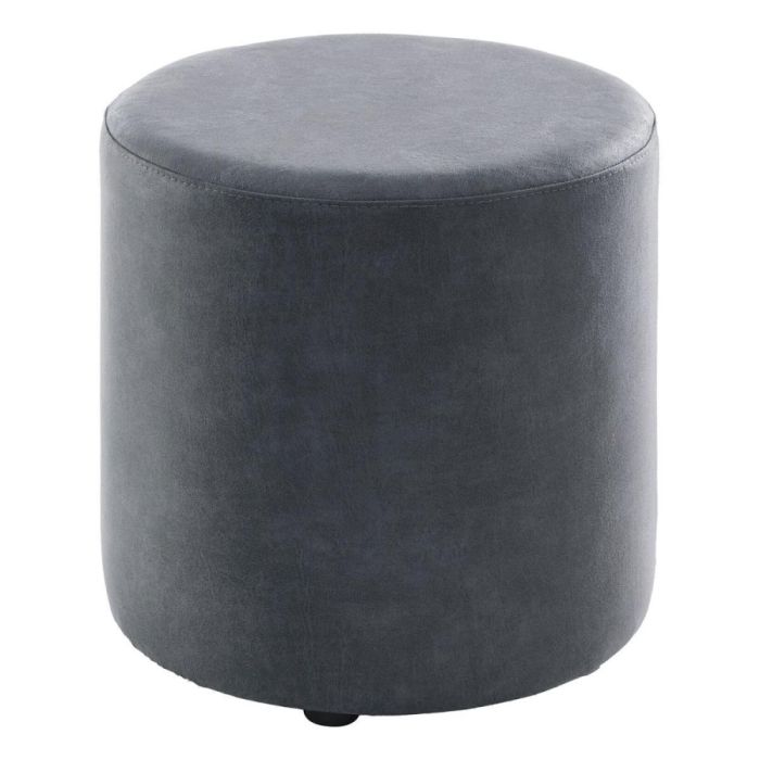 ronde poef Roby donkerblauw microleder met zwarte pootjes, vrijstaand op witte achtergrond