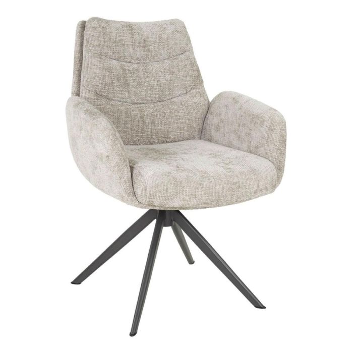 Draaibare armstoel Lounge Rich Zand in licht beige stof met zwart metalen spinpoot op witte achtergrond
