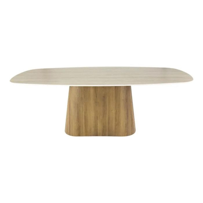 Deens ovale eettafel Romano Centro met travertin keramiek blad en centraal onderstel in eikenhout-look