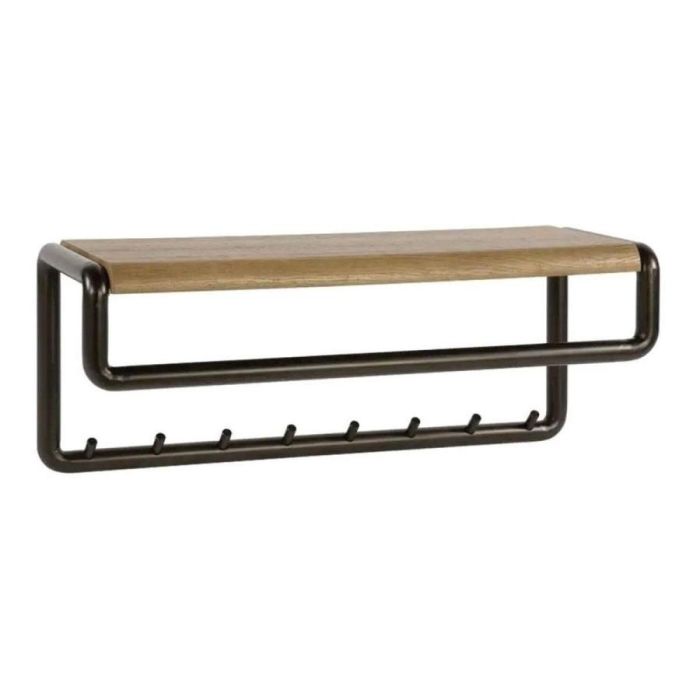 Kapstok Luno Drift Brown met bronzen frame, hoedenplank in eikenhoutlook, roede en acht haken tegen witte achtergrond.