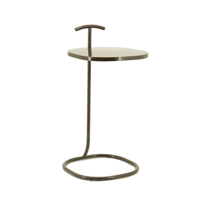 Metalen bijzettafel Buddy in brown met rond tafelblad en slanke poot, minimalistisch ontwerp met open voet en gelakte afwerking, vrijstaand gefotografeerd.