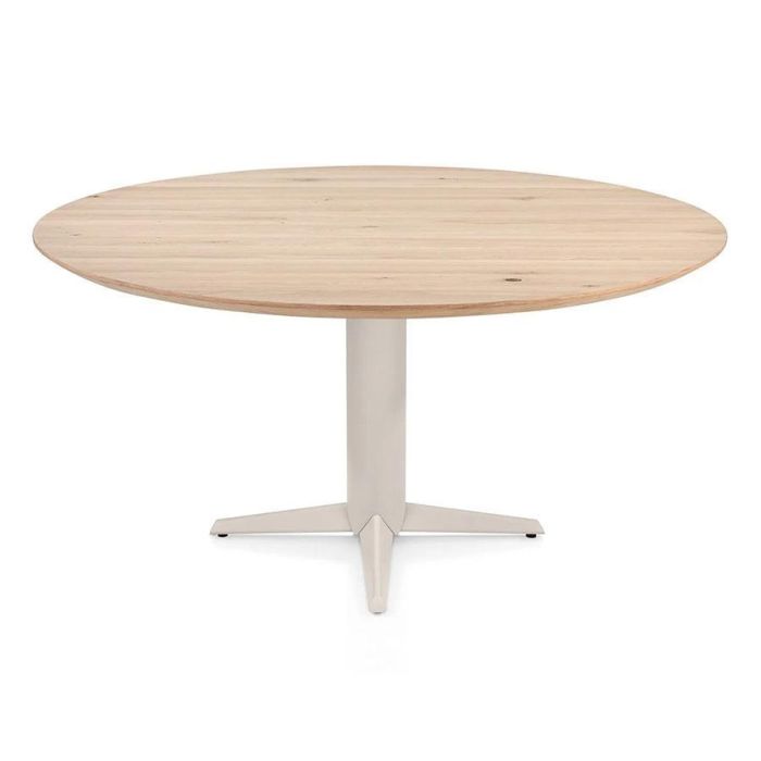 ronde eetkamertafel caletta 150 cm met naturel eiken blad en crème teenpoot, vooraanzicht