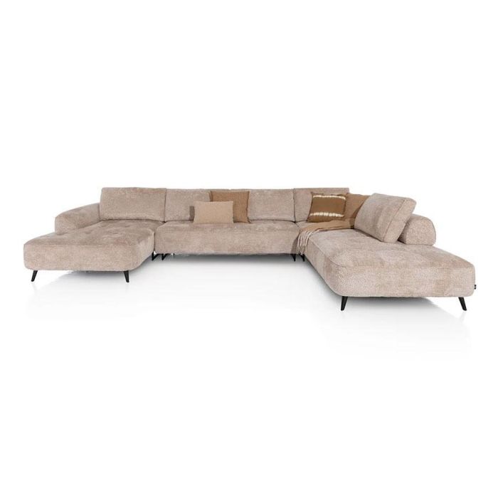 Beige modulaire Belluno loungebank in U-opstelling met twee loungedelen en zwarte poten, vooraanzicht.