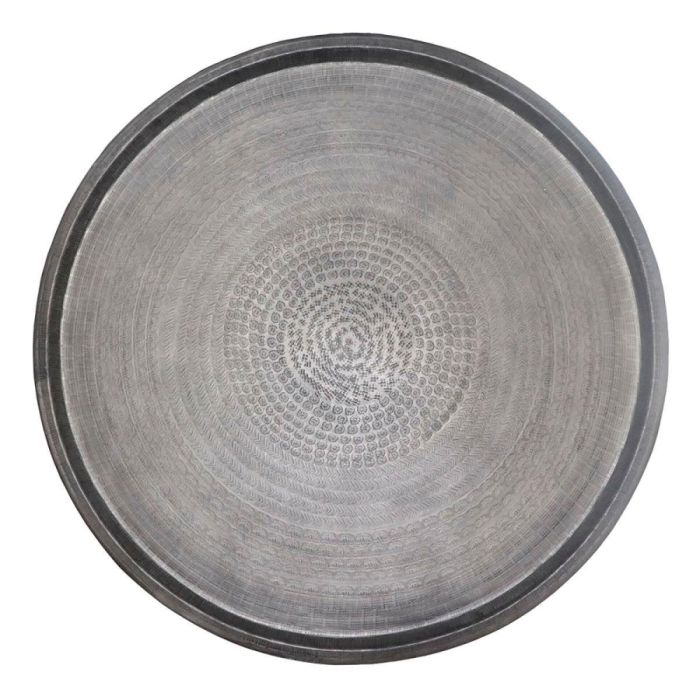 Ronde zwarte decoratieschaal Trebbia 69 cm met subtiele glans en decoratief reliëfpatroon, gefotografeerd van boven op witte achtergrond.