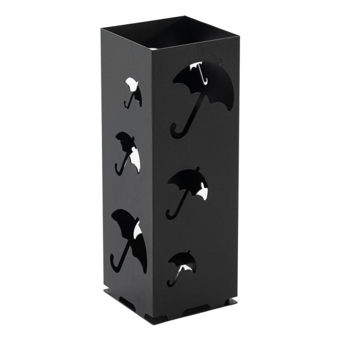 Zwarte stalen parapluhouder Storm van Spinder Design met uitgesneden parapluvormen, vrijstaand op witte achtergrond.