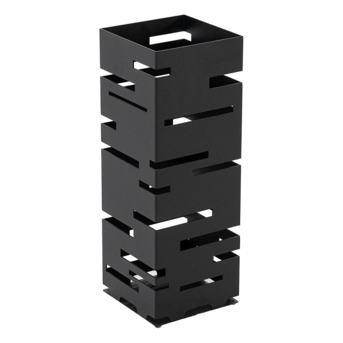 Zwarte metalen parapluhouder met strak, opengewerkt ontwerp en rechthoekige vorm, vrijstaand gefotografeerd tegen een witte achtergrond.