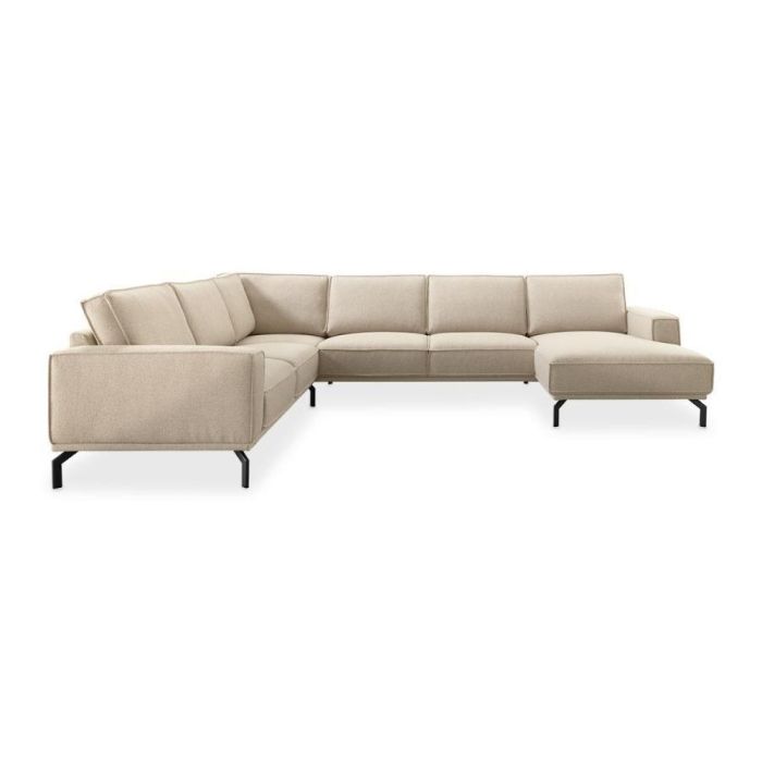 Hoekbank Alburg in beige bouclé met zwarte metalen poten, chaise longue rechts, vooraanzicht