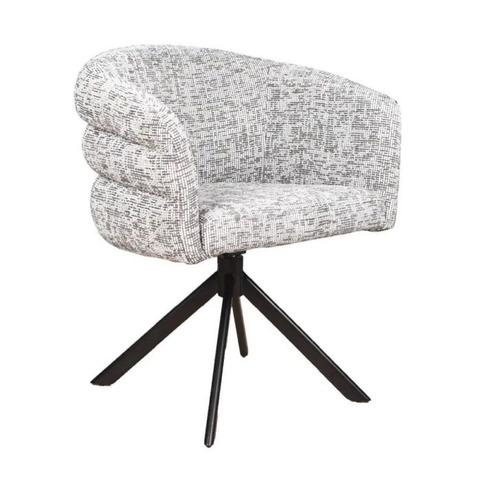 Grijs gemêleerde armstoel Imola met ronde kuip en zwart metalen draaionderstel, gefotografeerd tegen een witte achtergrond.