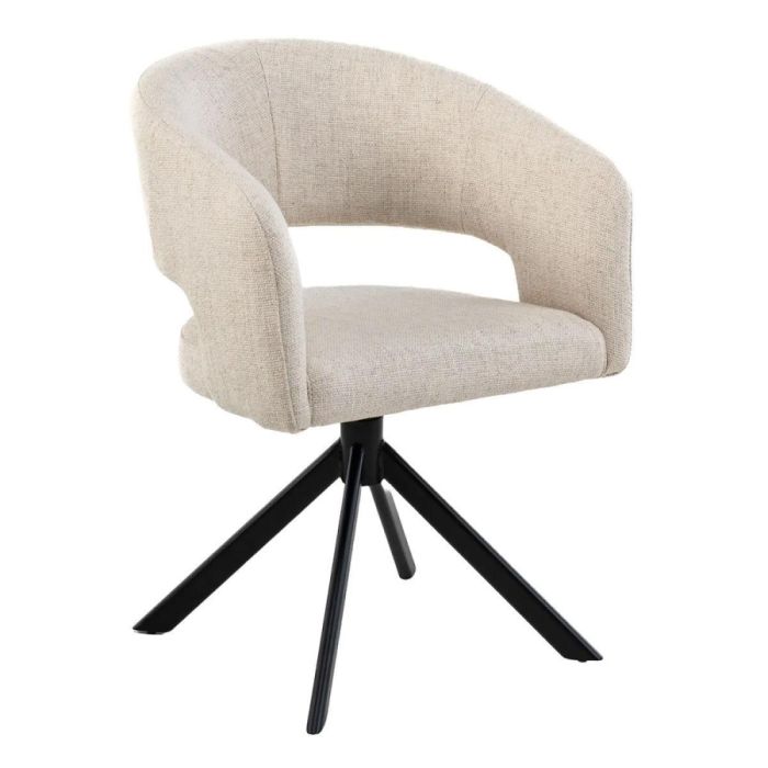 Armstoel Tokyo in lichtbeige stof met ronde kuipzitting en zwart metalen onderstel, gefotografeerd op witte achtergrond.