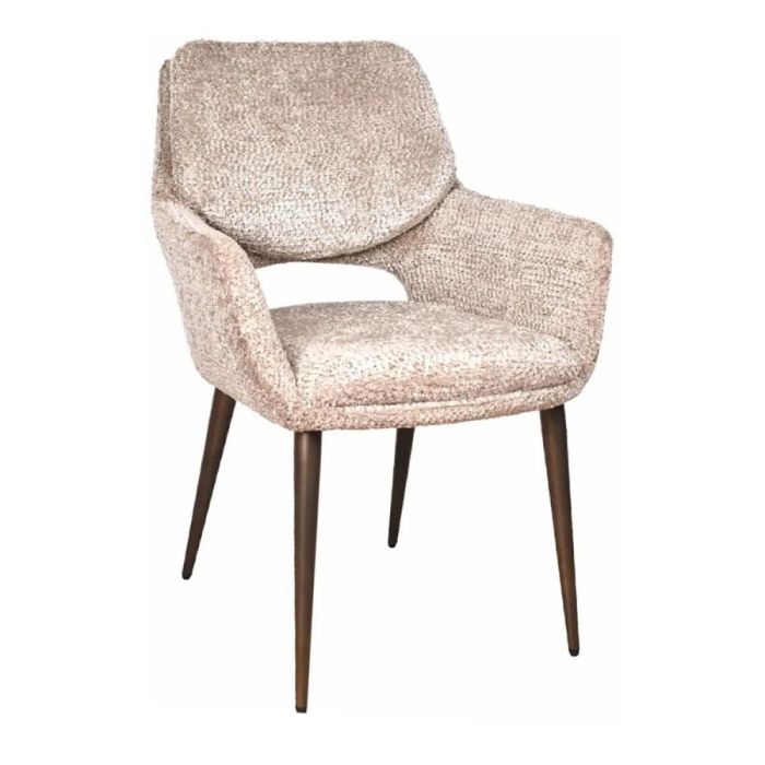 Trendhopper armstoel Aarhus in bouclé-look stof met ronde kuip en slanke poten, vrijstaand op witte achtergrond.